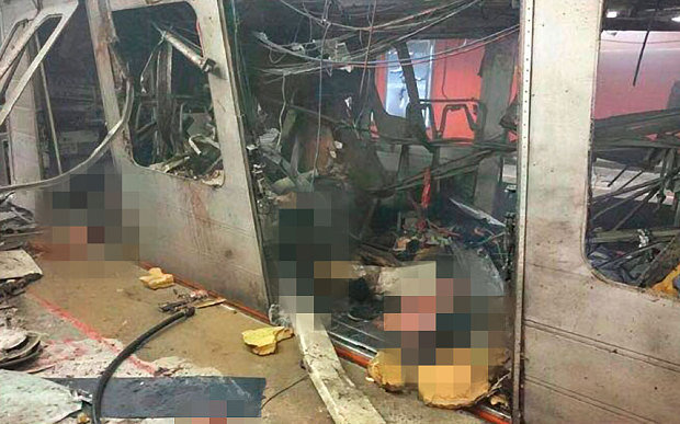 Damaged train carriage at Maalbeek Metro station in Brussels