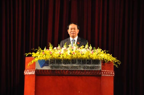 Chủ tịch nước Trần Đại Quang ph&aacute;t biểu trong lễ khai kh&oacute;a 2016 của ĐHQG TP HCM