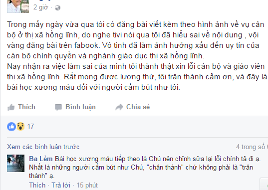 Xin lỗi vụ bịa đặt về giáo viên