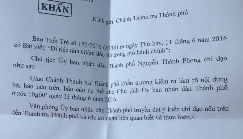 Chủ tịch UBND TP HCM chỉ đạo kiểm tra vụ đi tiệc nhà giám đốc sở