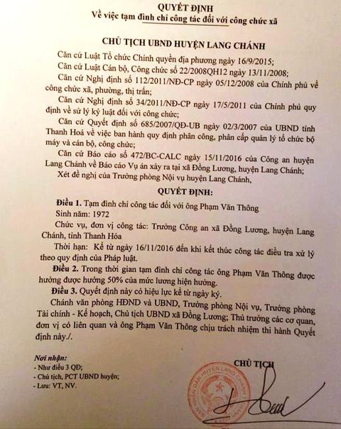 
Quyết định tạm đ&igrave;nh chỉ c&ocirc;ng t&aacute;c đối với &ocirc;ng Phạm Văn Th&ocirc;ng, Trưởng c&ocirc;ng an x&atilde; Đồng Lương, huyện Lang Ch&aacute;nh, tỉnh Thanh H&oacute;a
