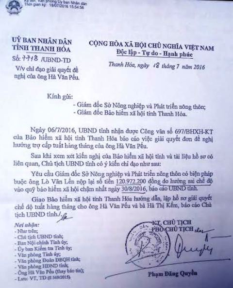 Văn bản được chính ông Phạm Đăng Quyền, Phó chủ tịch UBND tỉnh Thanh Hóa ký chỉ đạo cơ quan chức năng yêu cầu ông Lến trả lại số tiền 120 triệu nhưng ông Lến vẫn cù nhầy không trả