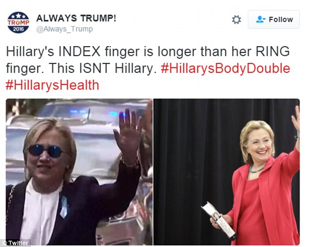 
Ng&oacute;n trỏ của b&agrave; Clinton d&agrave;i hơn ng&oacute;n đeo nhẫn v&agrave; người phụ nữ đeo k&iacute;nh bị nghi ngờ kh&ocirc;ng phải b&agrave; Clinton. Ảnh: Twitter
