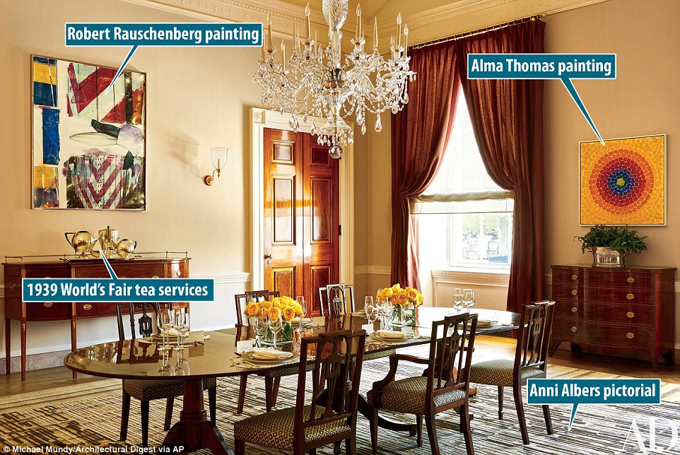 
Ph&ograve;ng ăn gia đ&igrave;nh tổng thống tại Nh&agrave; Trắng. Ảnh: Architectural Digest
