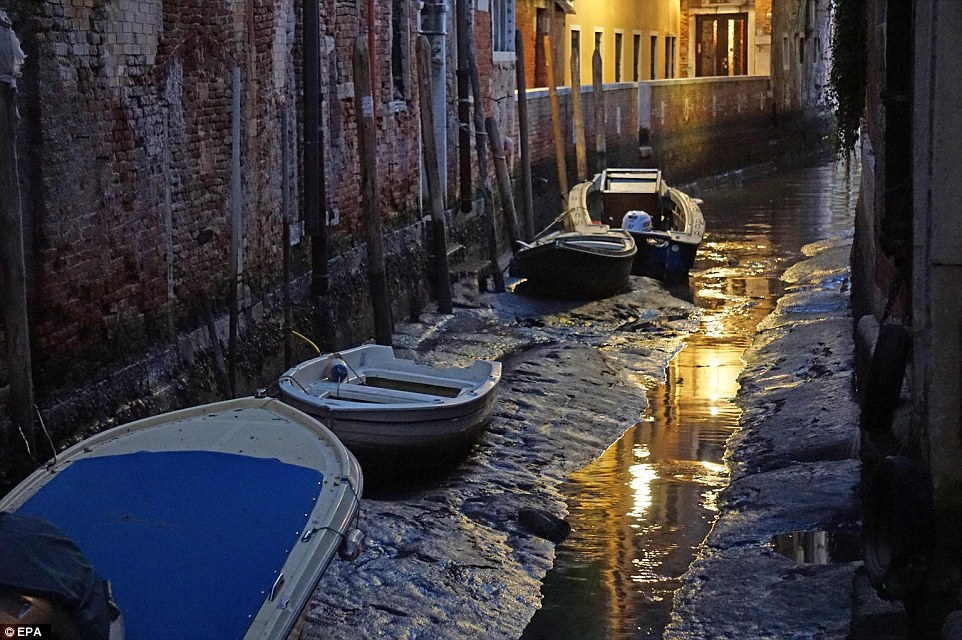 Mực nước thấp kỷ lục khiến các kênh đào tại TP Venice cạn trơ đáy. Ảnh: REUTERS, EPA