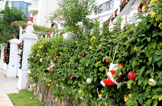 Hàng rào cũng được chăm chút với mô hình ông già Noel, những quả châu nhiều màu được cài lên ngẫu hứng.