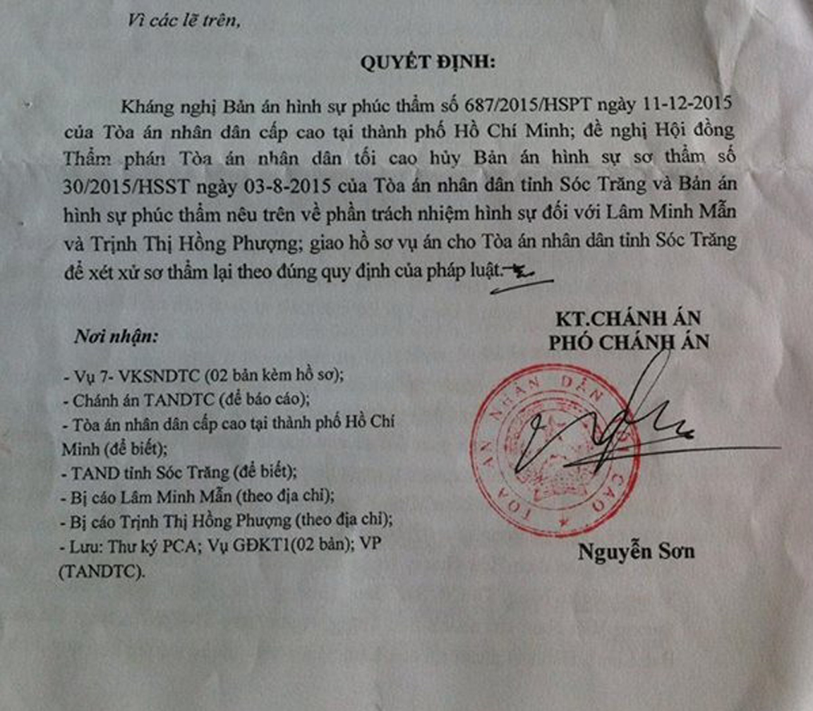 Quyết định kháng nghị mới nhất của TAND Tối cao đối với mức án của bị cáo Phượng và Mẫn
