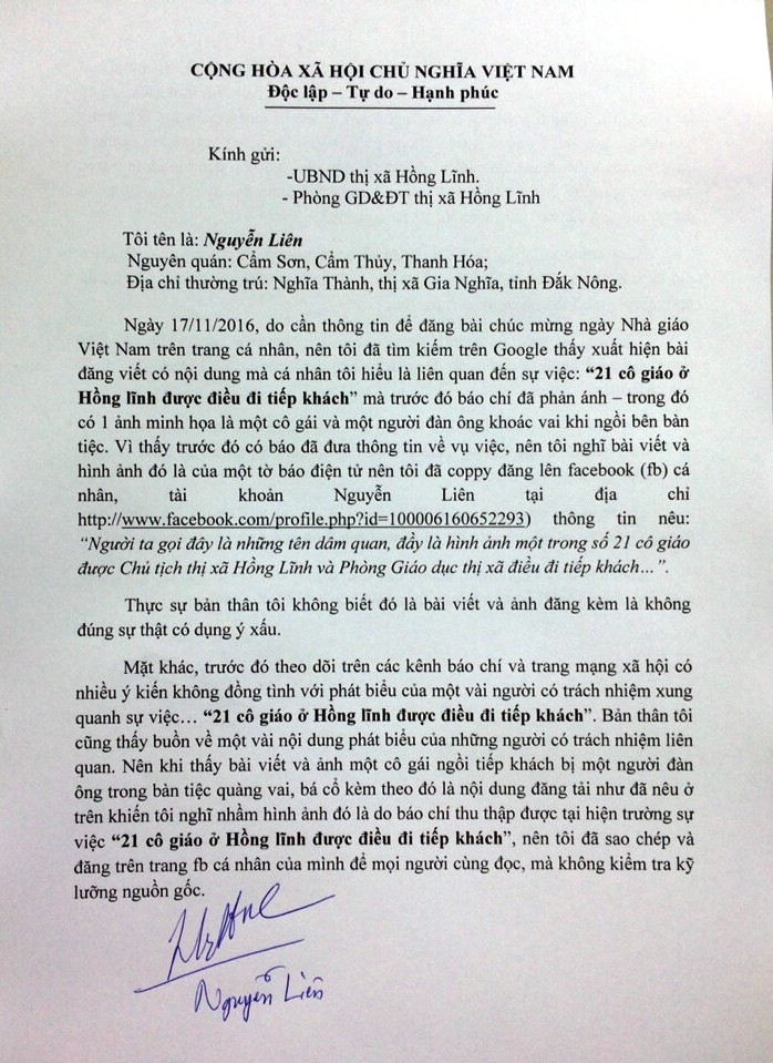 Thư xin lỗi ký tên Nguyễn Liên