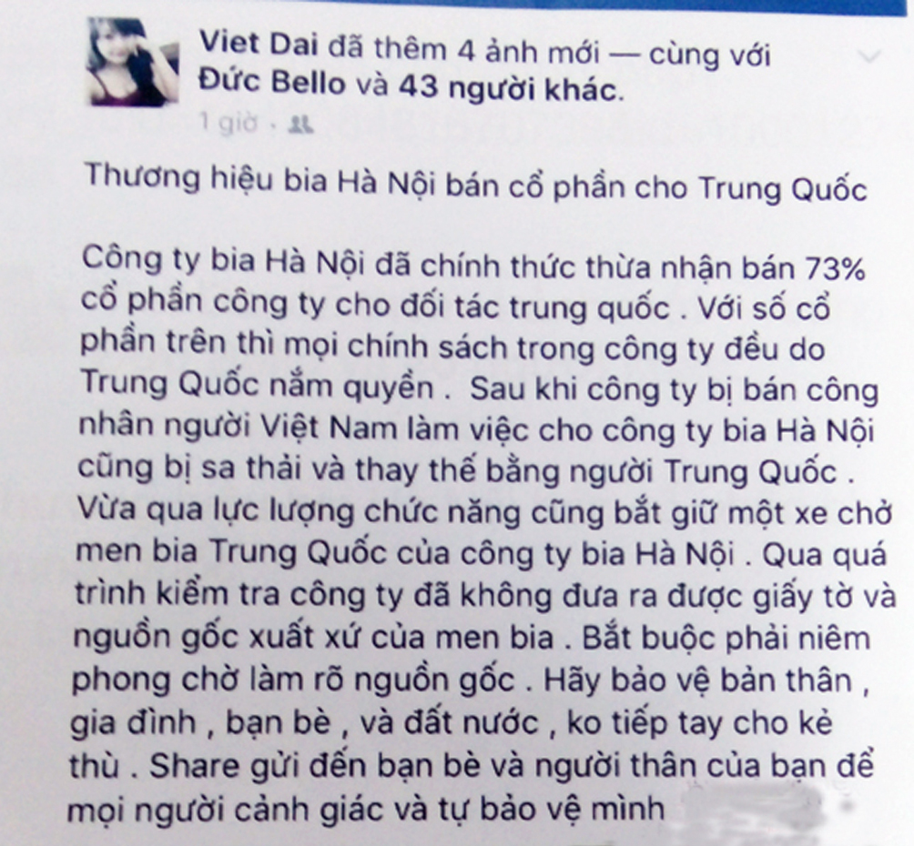 Tung tin bán Habeco cho Trung Quốc, bị phạt 12,5 triệu đồng