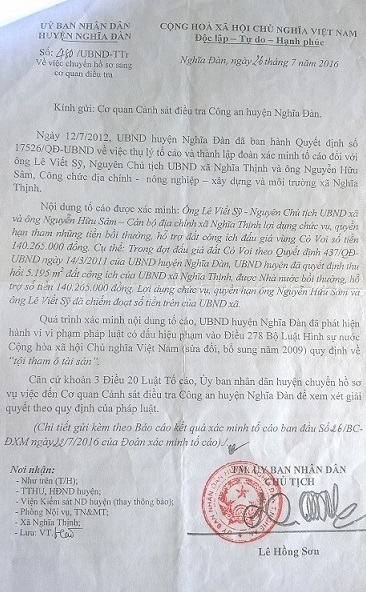 Công văn huyện Nghĩa Đàn đề nghị xử lý ông Lê Viết Sỹ và ông Nguyễn Hữu Sâm - Ảnh: Thành Tiến