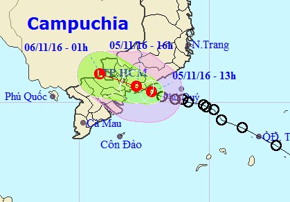 Vị trí và dự báo đường đi của áp thấp nhiệt đới - Nguồn: Trung tâm Dự báo khí tượng thủy văn Trung ương