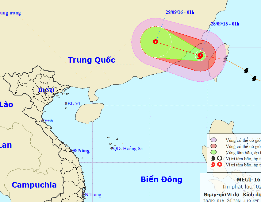 Vị trí và dự báo hướng di chuyển của bão Megi - Nguồn: Trung tâm Dự báo khí tượng thủy văn Trung ương
