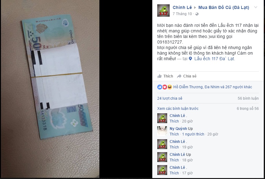 Tìm chủ nhân đánh rơi 5 triệu đồng tại quán nhậu