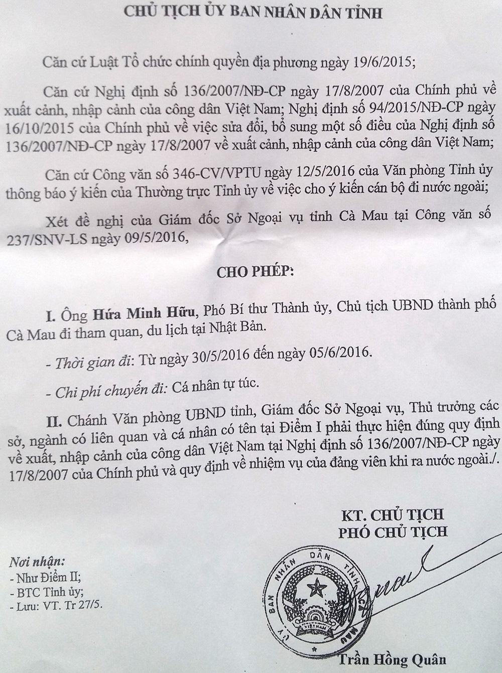 Sẽ kiểm tra vụ Chủ tịch TP Cà Mau đi nước ngoài