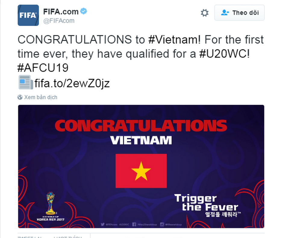 FIFA, Đông Nam Á chúc mừng U19 Việt Nam