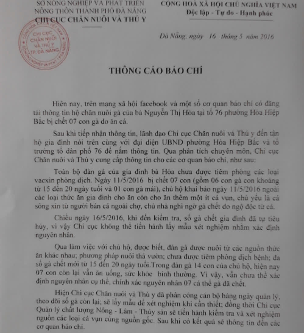 Chưa rõ nguyên nhân 7 con gà chết sau khi ăn cá