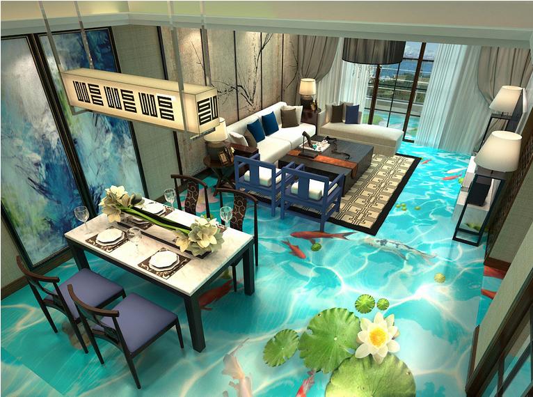 Hiệu ứng gạch 3D làm bạn liên tưởng đến những chú cá vàng đang bơi lội tung tăng ngay dưới chân bạn.