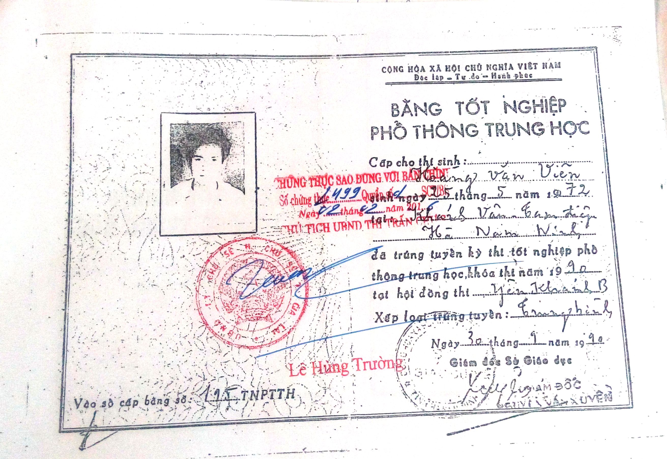 Bản photo bằng tốt nghiệp THPT giả của ông Viên sử dụng