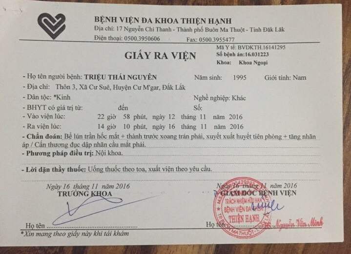 Giấy ra viện của Bệnh viện Đa khoa Thiện Hạnh