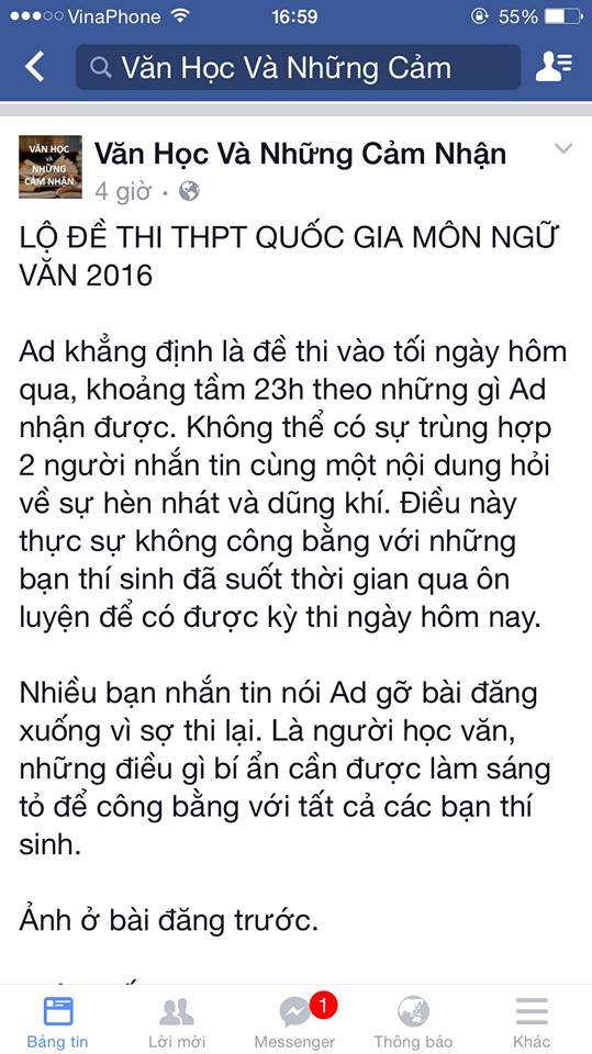 Công an điều tra facebook tung tin đồn lộ đề Ngữ văn