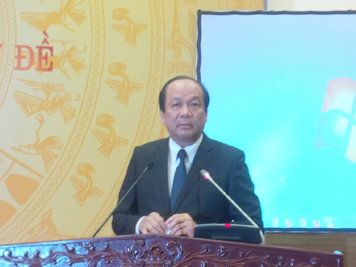 Bộ trưởng, Chủ nhiệm Văn ph&ograve;ng Ch&iacute;nh phủ Mai Tiến Dũng ph&aacute;t biểu khai mạc họp b&aacute;o