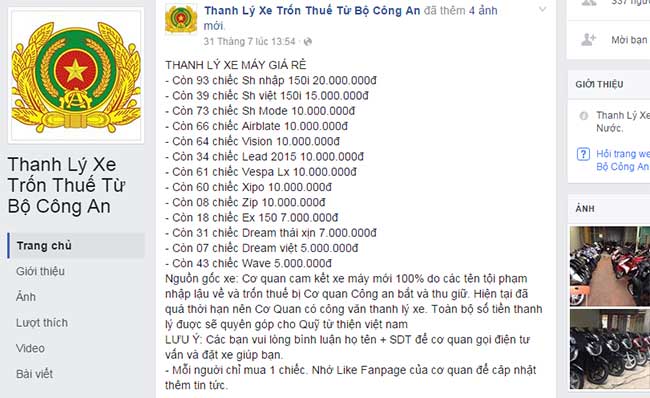 Mạo danh "Bộ Công an" lập trang mạng lừa bán xe thanh lý