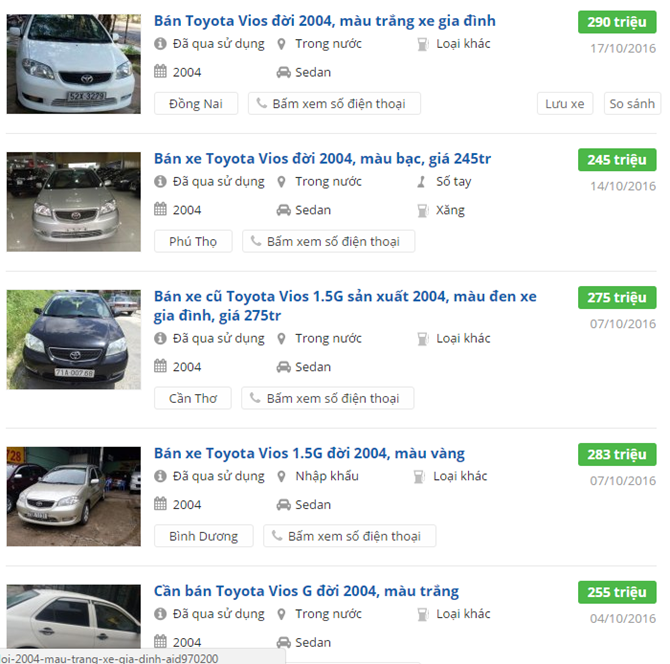C&aacute;c mẫu xe Vios cũ phi&ecirc;n bản 2004 cũng c&oacute; gi&aacute; dưới 300 triệu, tương đương xe BMW 3 Series c&ugrave;ng đời