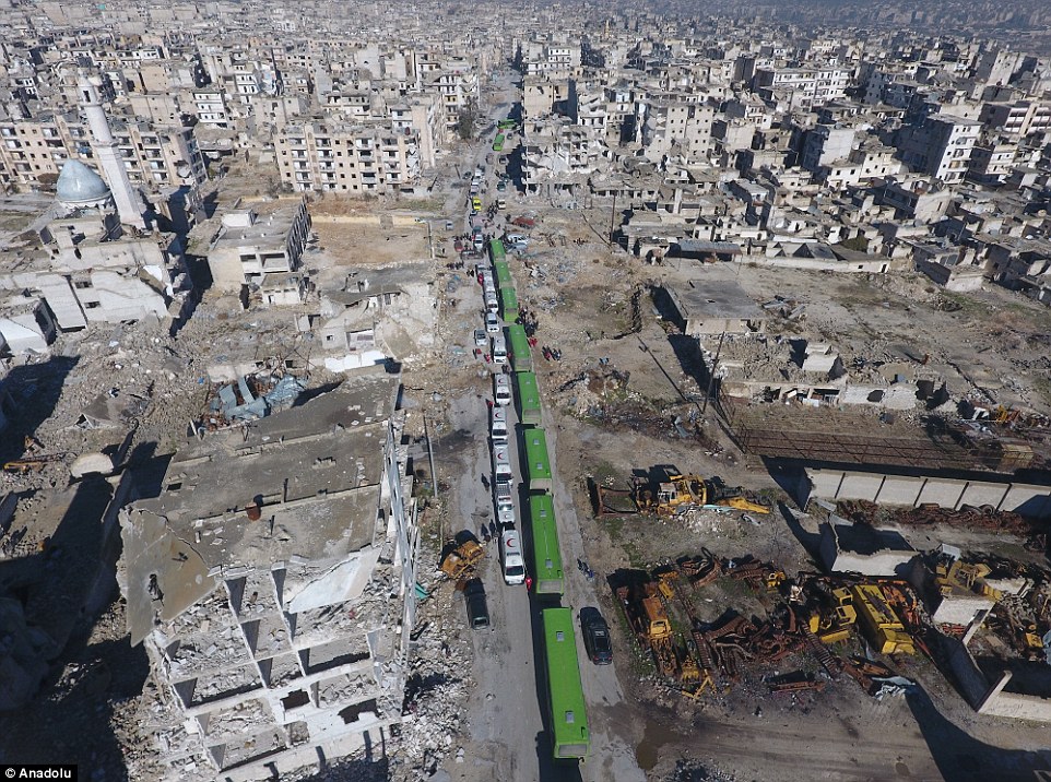 Đoàn xe đưa người sơ tán khỏi Aleppo. Ảnh: Daily Mail