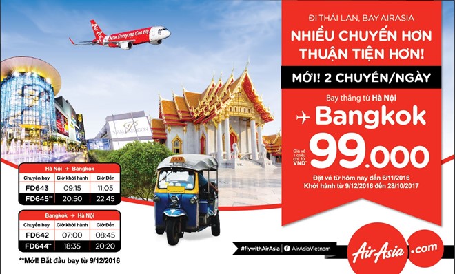 
AirAsia ch&iacute;nh thức mở b&aacute;n v&eacute; khuyến m&atilde;i H&agrave; Nội - Bangkok với mức gi&aacute; một chiều chỉ từ 99.000 đồng.
