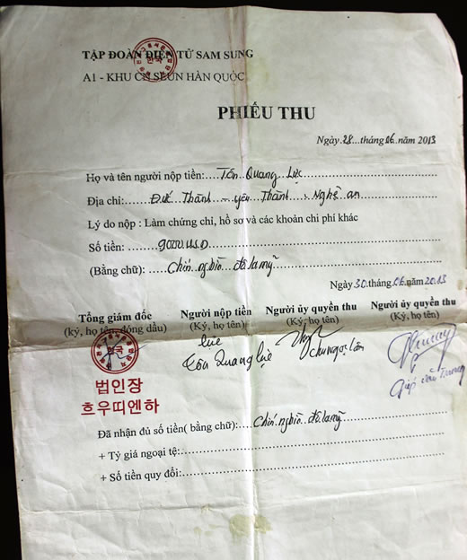 Phiếu thu tiền của người có nhu cầu XKLĐ tại Hàn Quốc do Lý đưa cho Trung.