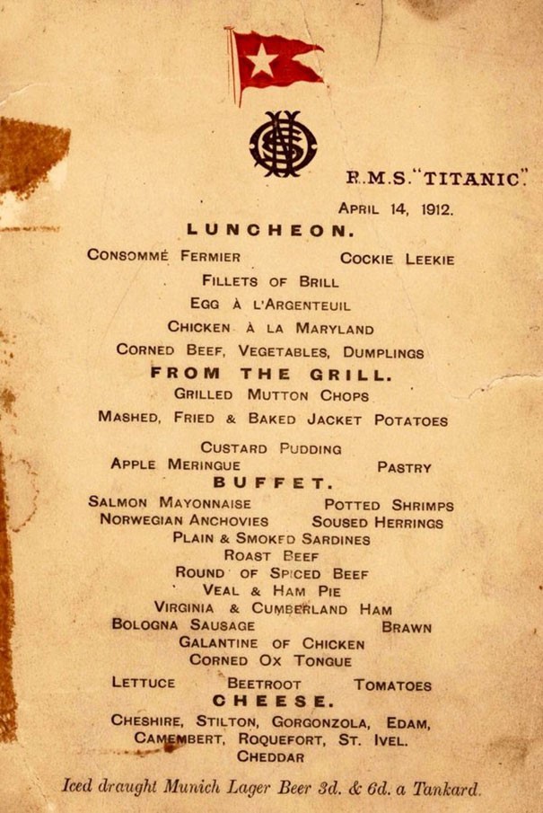 
Menu thức ăn d&agrave;nh cho h&agrave;nh kh&aacute;ch hạng nhất tr&ecirc;n Titanic. Ảnh: Herny Aldridge & Son.
