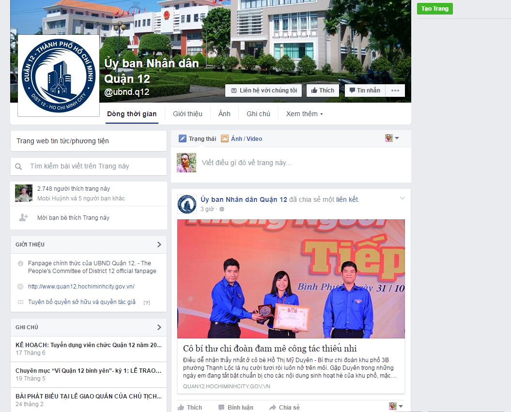 Quận 12 nhận tin nóng qua facebook