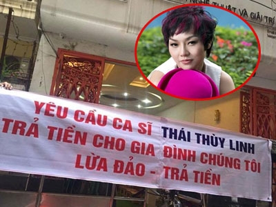 Sau Thu Minh, Thái Thùy Linh bị treo băng rôn đòi nợ