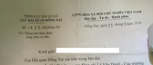 Xôn xao vụ gửi văn bản thông báo mẹ cục trưởng hải quan mất!