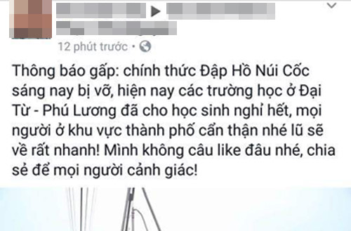 Tung tin vỡ đập hồ Núi Cốc "không câu like" bị phạt 12,5 triệu đồng