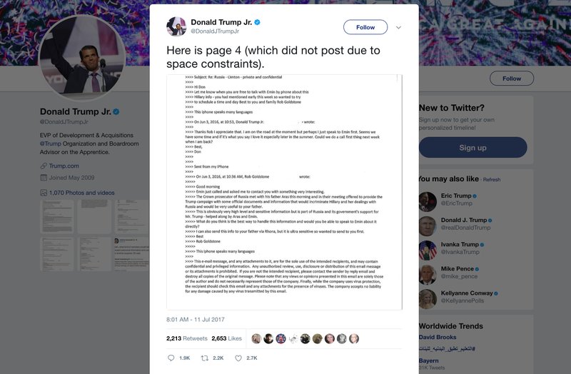 Email con trai Tổng thống Donald Trump làm chao đảo chứng khoán