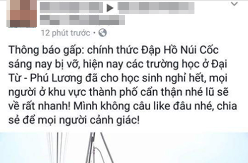 Tạm giữ nghi phạm tung tin đồn "chính thức vỡ đập hồ Núi Cốc"