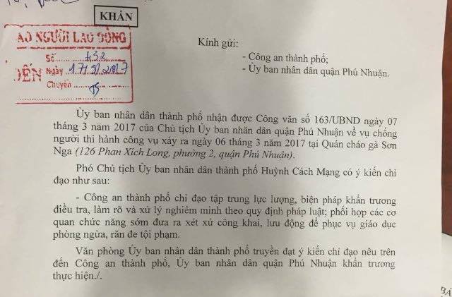 C&ocirc;ng văn khẩn của UBND TP chỉ đạo vụ chống đối người thi h&agrave;nh c&ocirc;ng vụ.