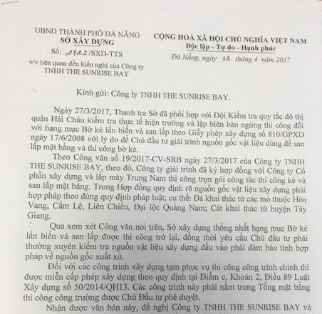 Sở Xây dựng TP Đà Nẵng cho phép thi công trở lại sau khi chủ đầu tư giải trình cát được lấy từ Tây Giang
