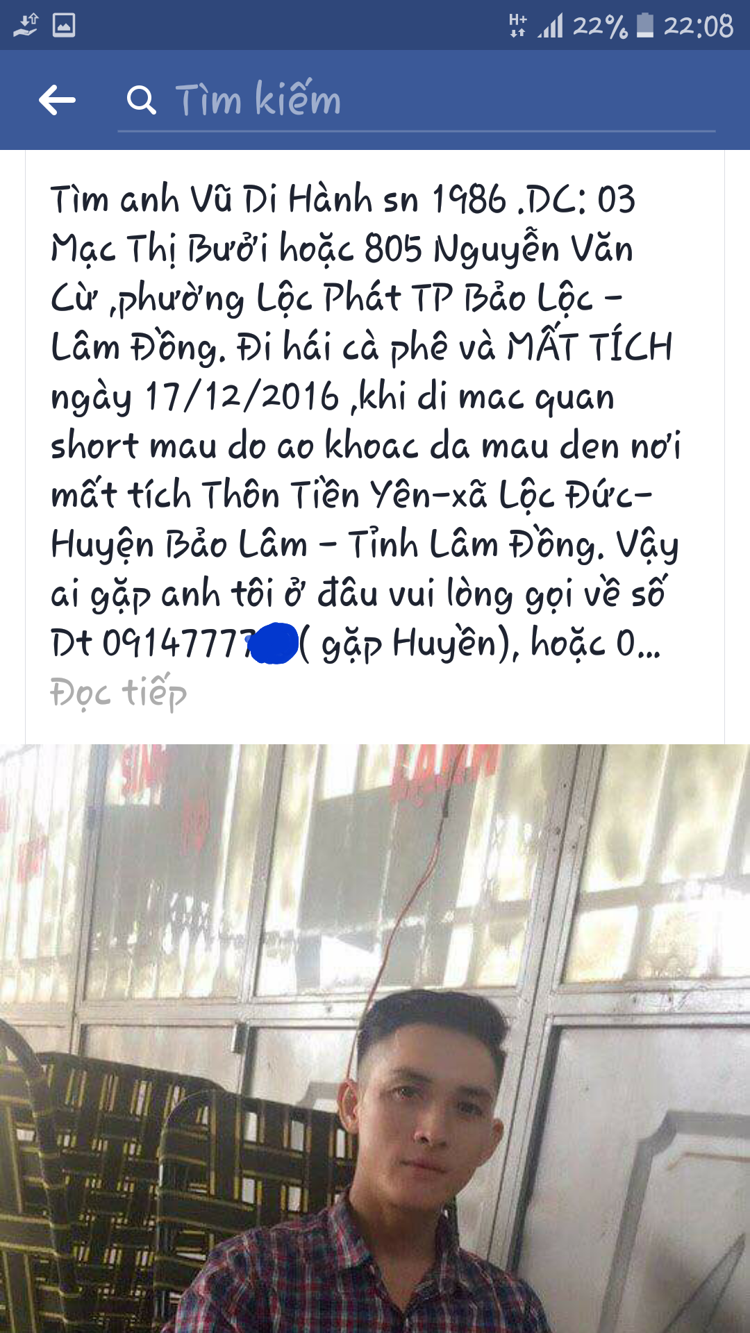 Tin đăng tìm người kèm theo hình ảnh của nạn nhân Hành.