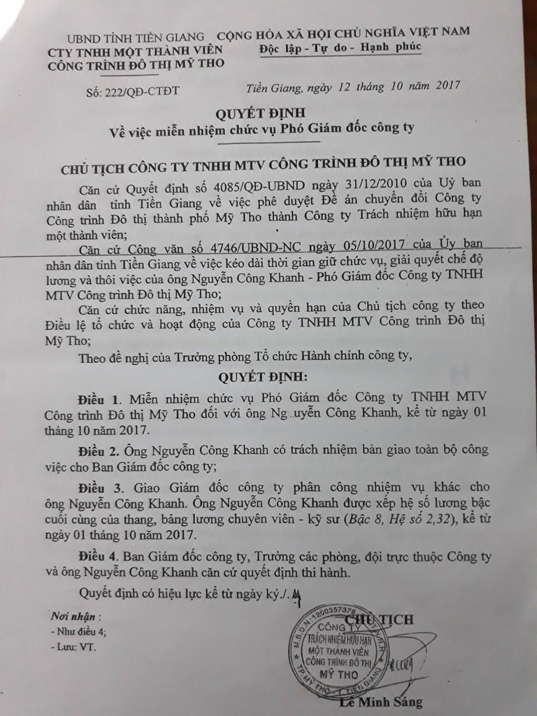 Miễn nhiệm 1 phó giám đốc Công ty Công trình đô thị Mỹ Tho