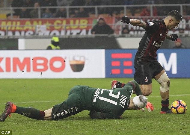 Joe Hart tiếp tục chiến đấu với Gianluca Lapadula sau khi bị đối phương đạp vào đầu đổ máu