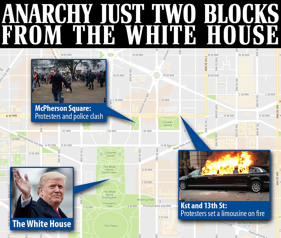 
C&aacute;c vụ bạo loạn nổ ra gần Nh&agrave; Trắng, nơi &ocirc;ng Trump tuy&ecirc;n thệ nhậm chức. Ảnh: Daily Mail
