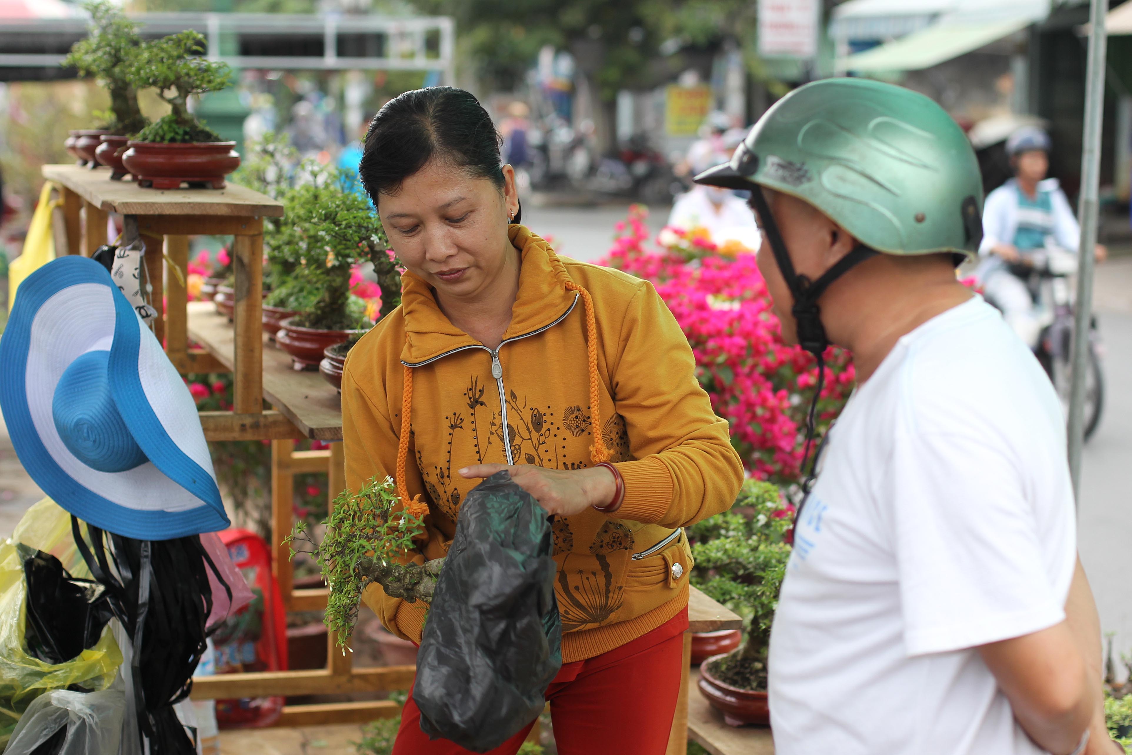 Chị Tươi (quê Bến Tre) cho biết: Mỗi chậu mai chấn thủy nhỏ như vậy cò giá từ 100.000 đến 150.000 đồng