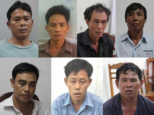 7 siêu trộm vàng (từ trái qua phải, từ trên xuống dưới): Dân, Điệp, Đợi, Dũng, Mười, Tâm và Thắng. Ảnh: Công an cung cấp