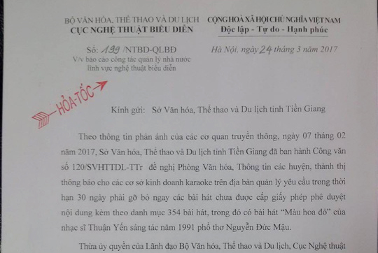 Vụ cấm ca khúc “Màu hoa đỏ”: Sở VH-TT-DL Tiền Giang phải giải trình