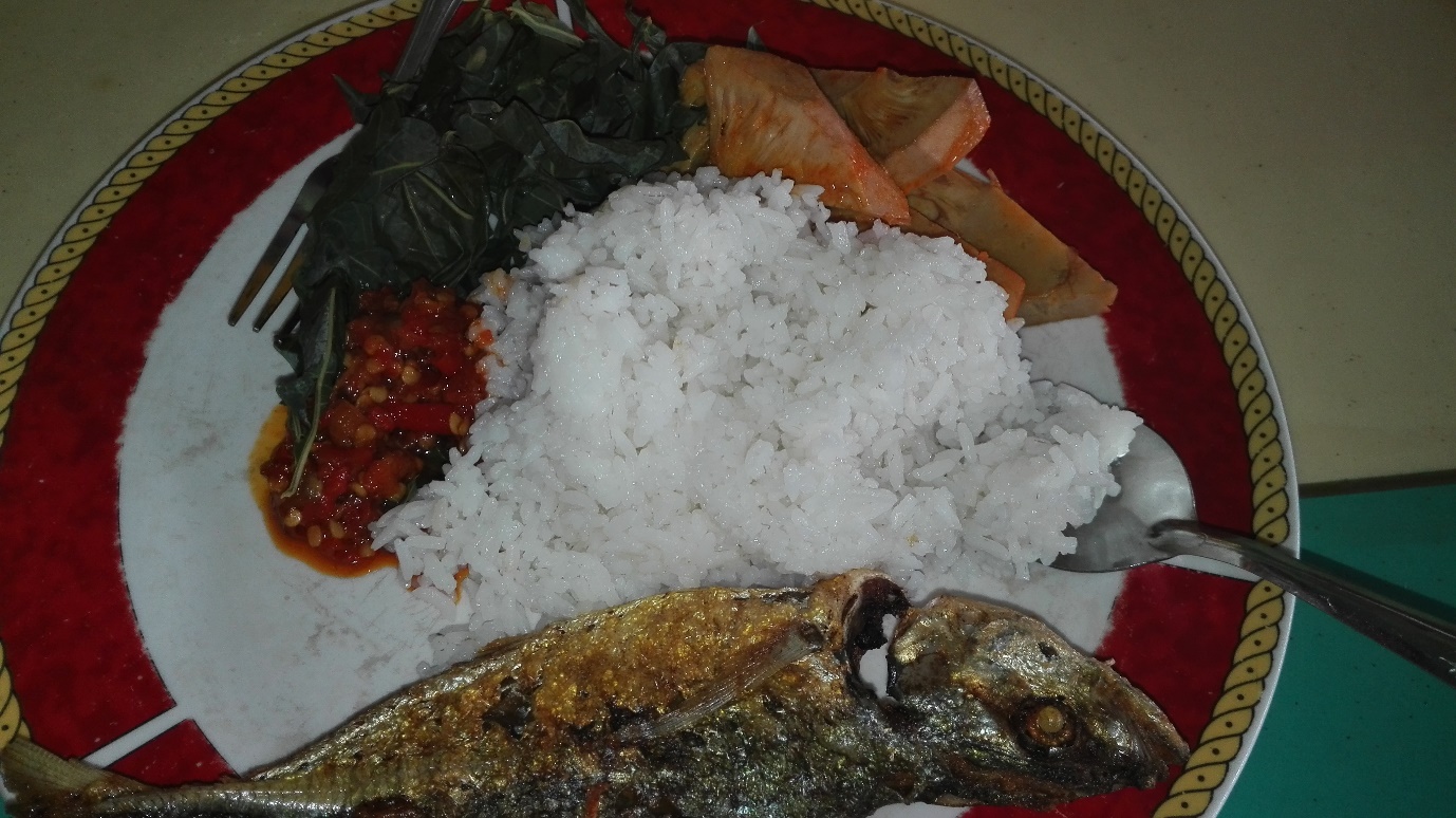 
Cơm trưa với c&aacute; chi&ecirc;n, đọt m&igrave; luộc v&agrave; m&iacute;t kho dừa ở Bali

