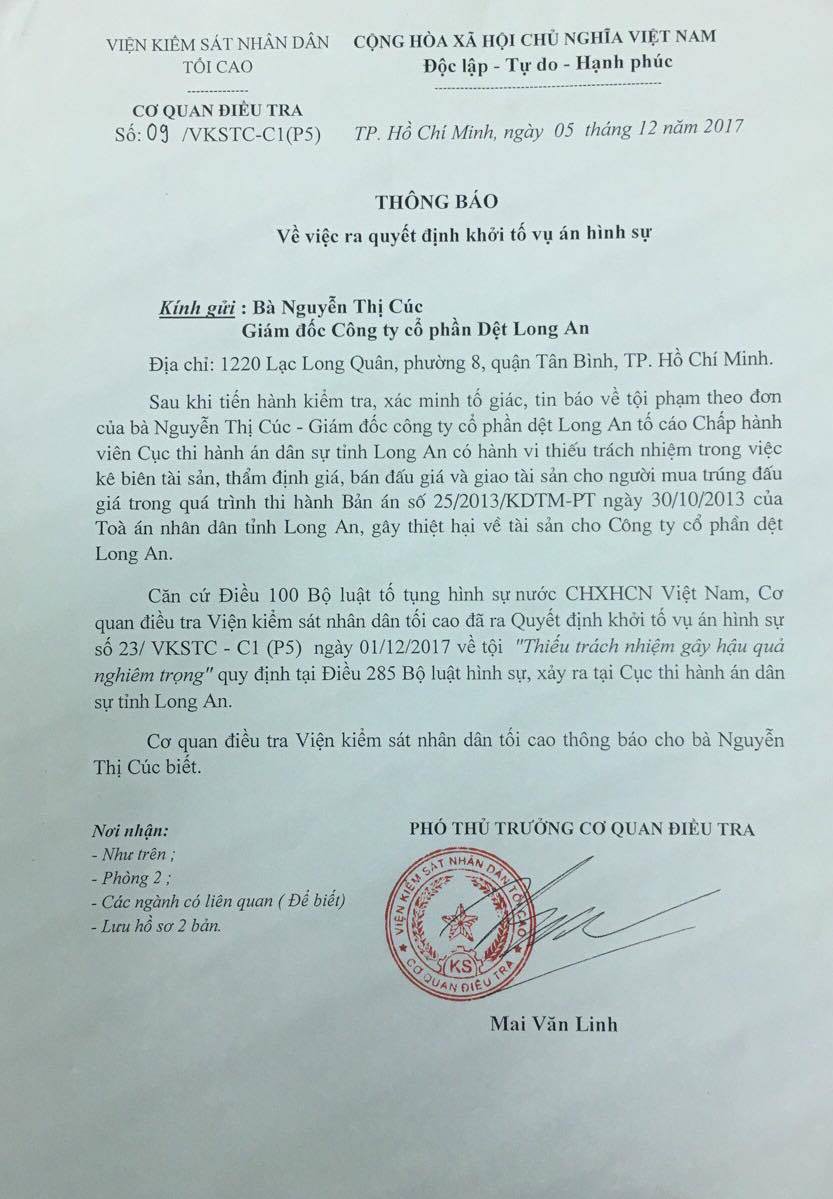 Khởi tố vụ án tại Cục thi hành án dân sự Long An