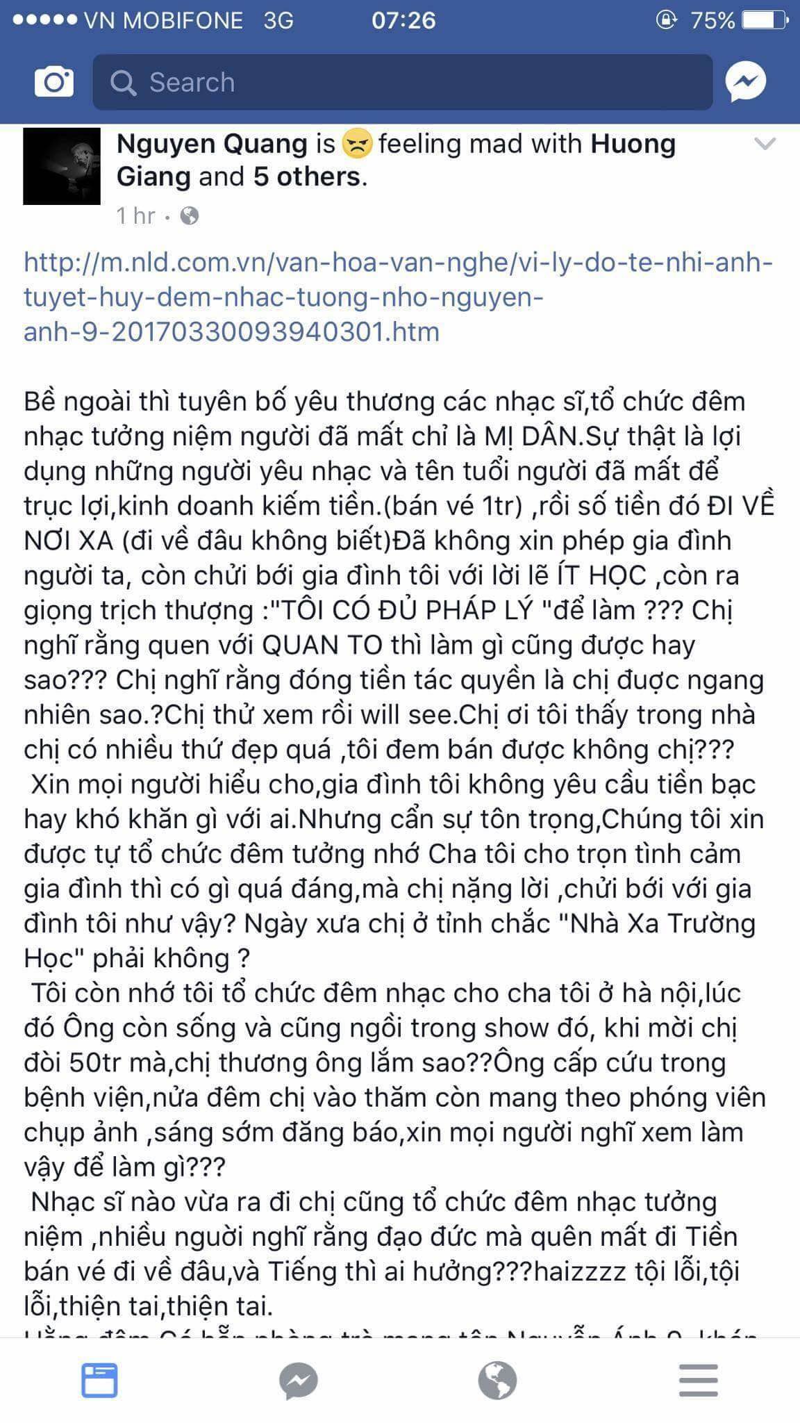 Nguyên văn tin nhắn trên trang facebook của nhạc sĩ Nguyễn Quang