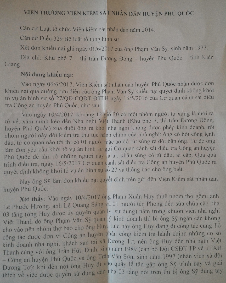 Không khởi tố vụ “rút súng” tại nhà nghỉ ở Phú Quốc - Ảnh 1.